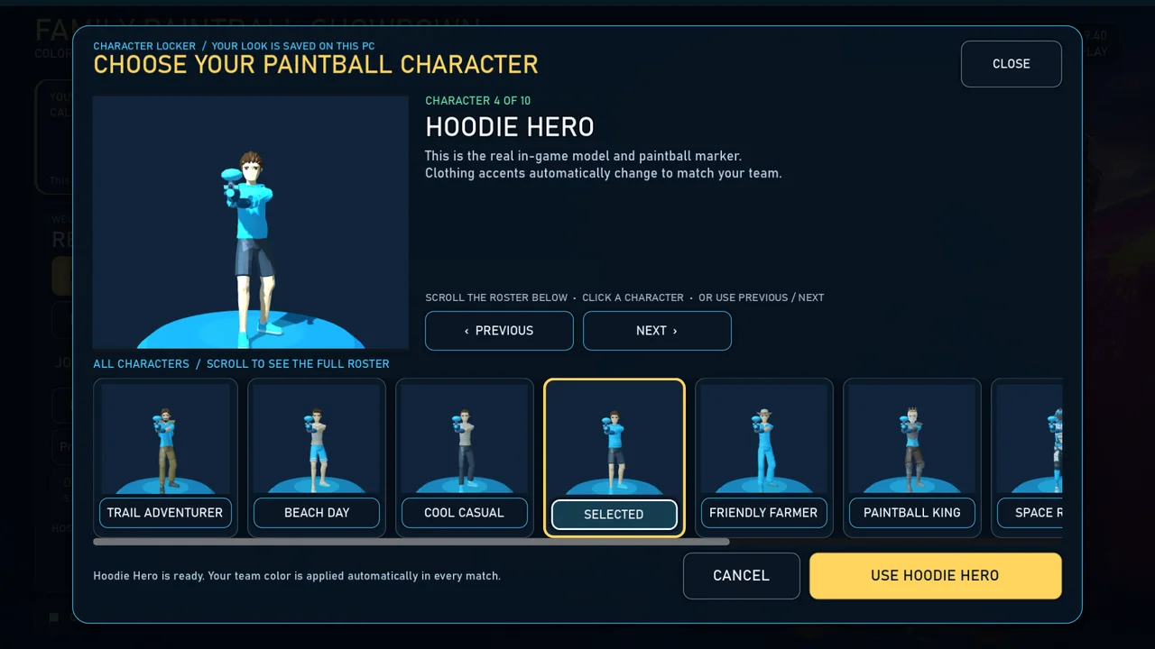 The in-game Character Locker showing the Hoodie Hero and selectable character roster